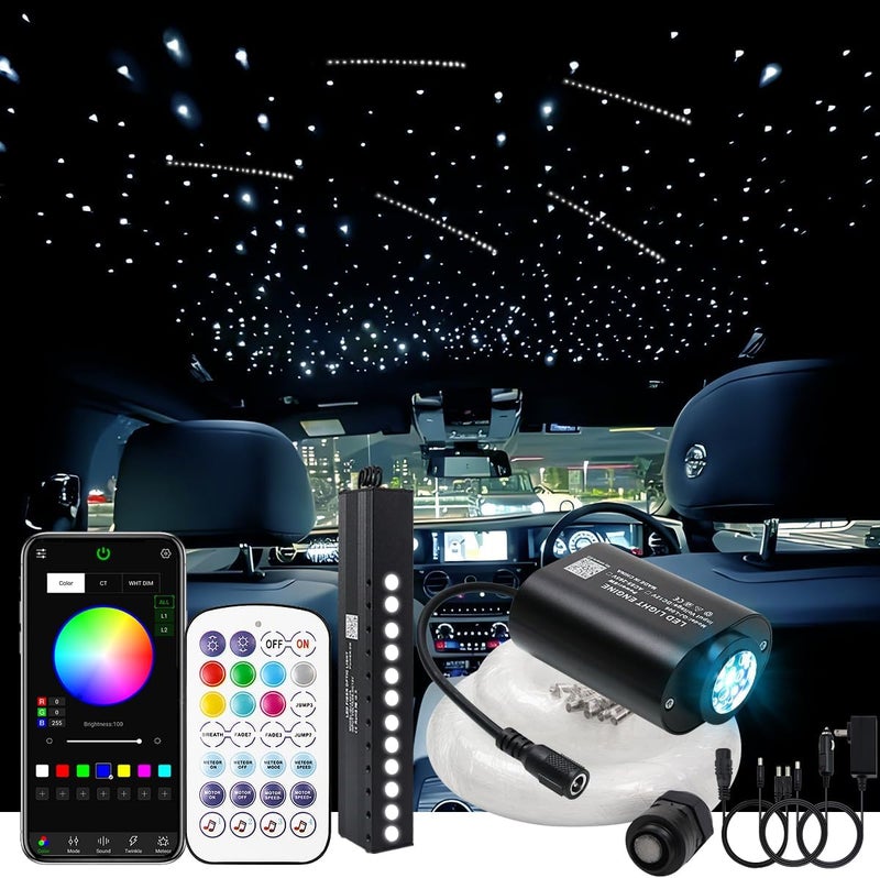 AKEPO 6W Mini Size RGBW Twinkle+White Meteor+Music Sync APP Fiber Optic Lights Kit, Shooting Star Fibers+600pcs 0.03in 9.8ft/3m Fibers APP Fiber Optic Star Light for Home/Car Headliner Starlight - Image 1